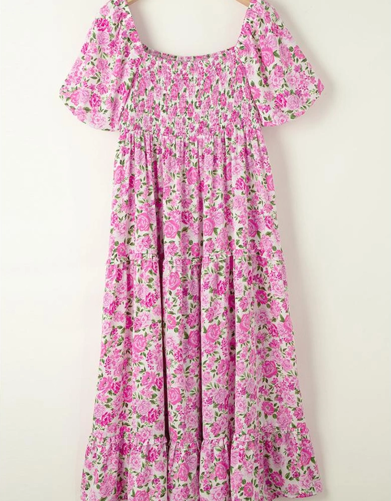 Pink Plus Size Floral Print Smocked Puff Sleeve Dress
