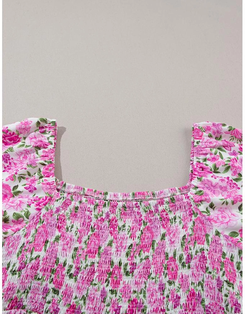 Pink Plus Size Floral Print Smocked Puff Sleeve Dress