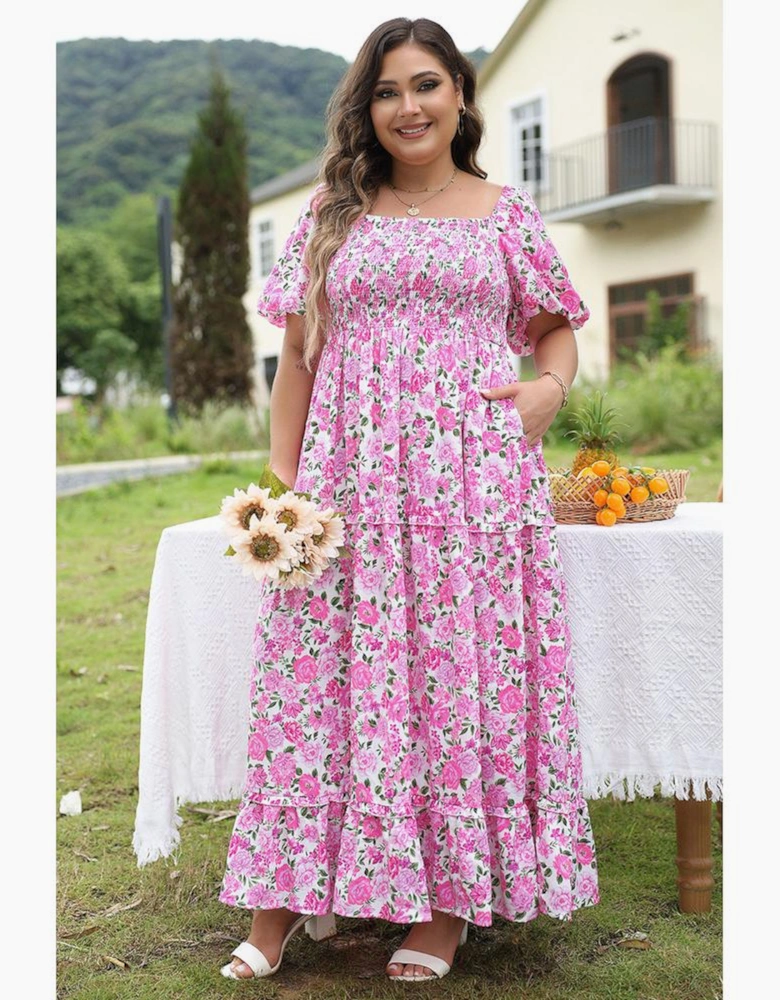 Pink Plus Size Floral Print Smocked Puff Sleeve Dress