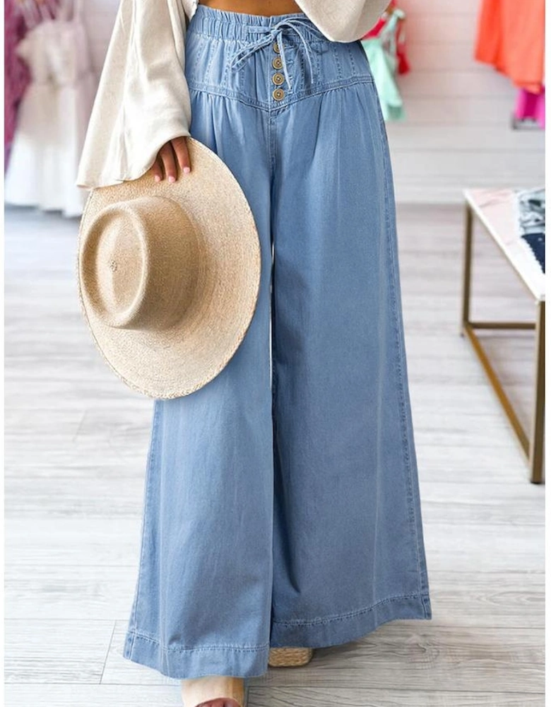 Beau Blue Mineral Wash Button Fly Waist Wide Leg Jeans