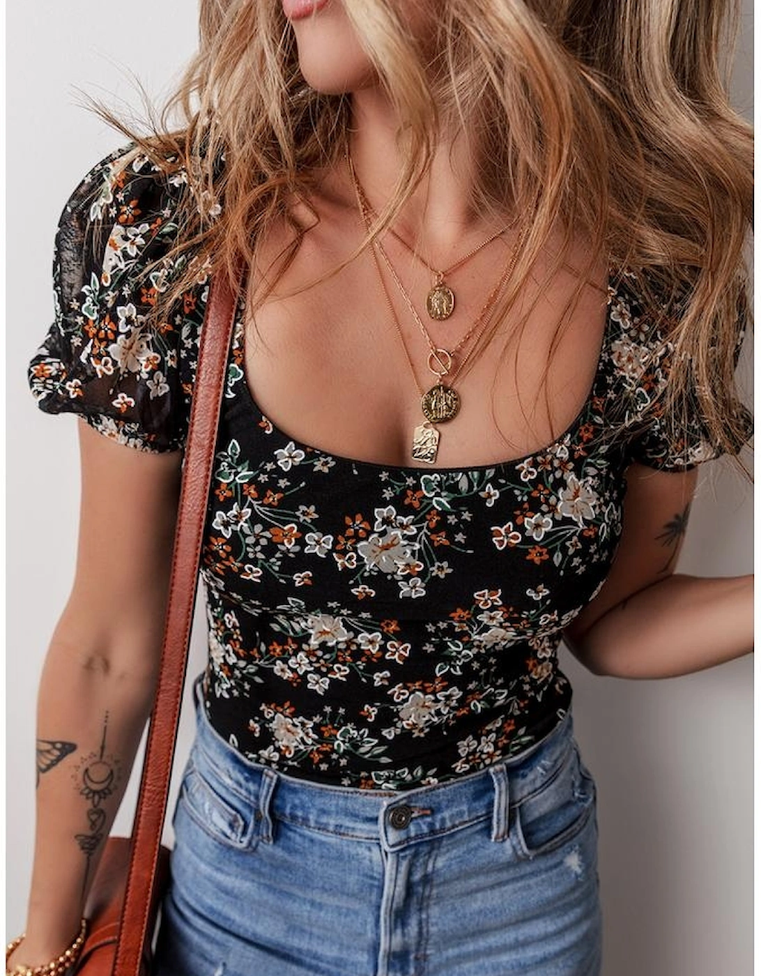 Black Floral Print U Neck Short Puff Sleeve Bodysuit, 11 of 10