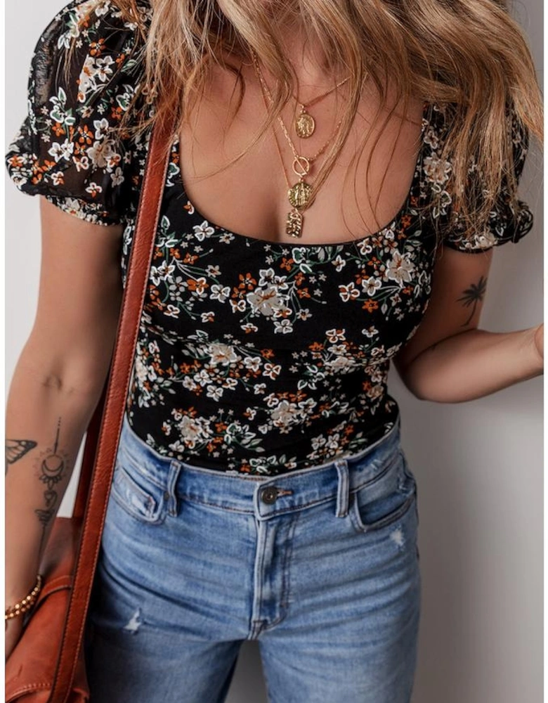 Black Floral Print U Neck Short Puff Sleeve Bodysuit