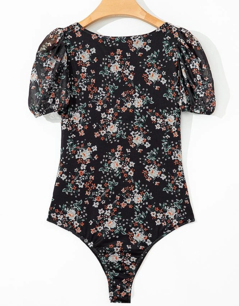 Black Floral Print U Neck Short Puff Sleeve Bodysuit