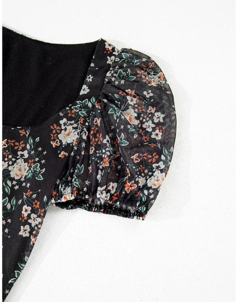 Black Floral Print U Neck Short Puff Sleeve Bodysuit