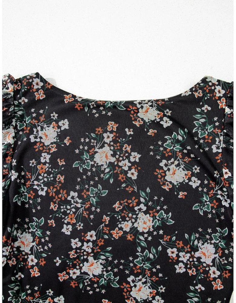Black Floral Print U Neck Short Puff Sleeve Bodysuit