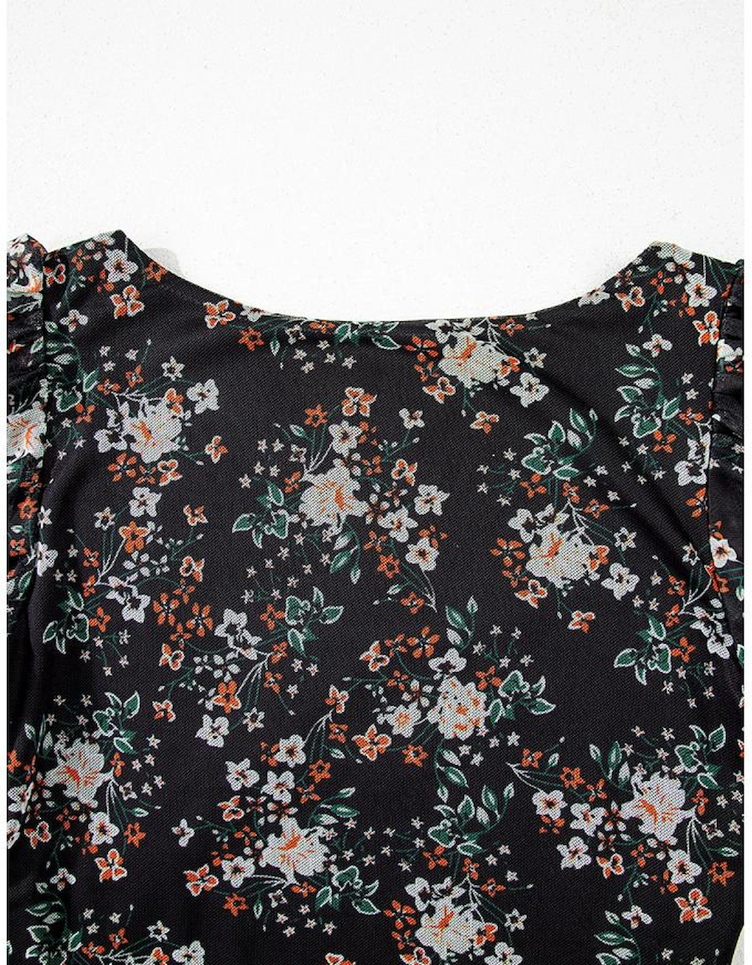 Black Floral Print U Neck Short Puff Sleeve Bodysuit