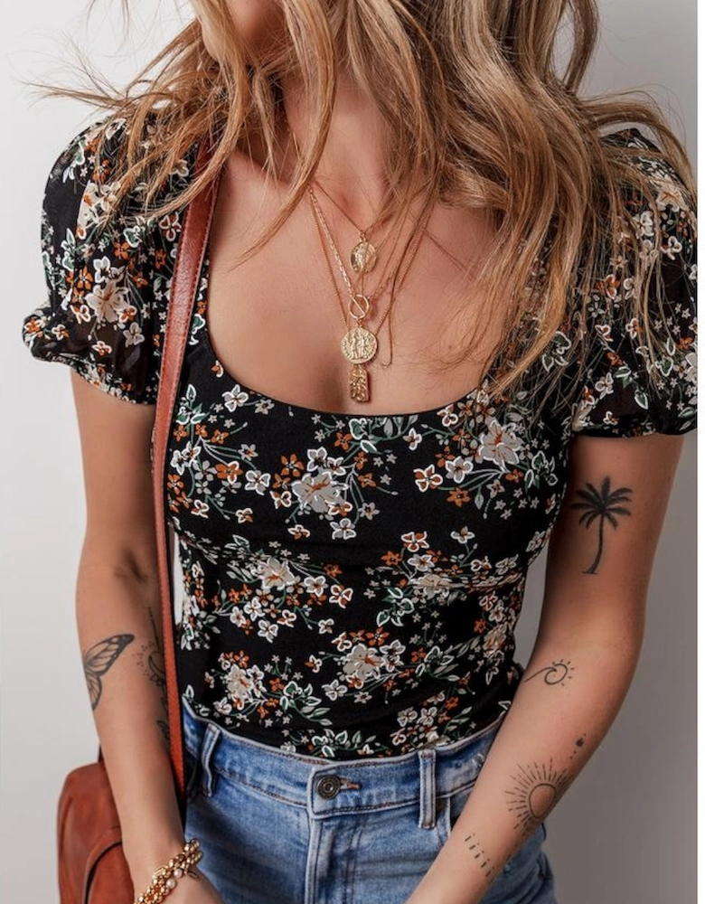 Black Floral Print U Neck Short Puff Sleeve Bodysuit