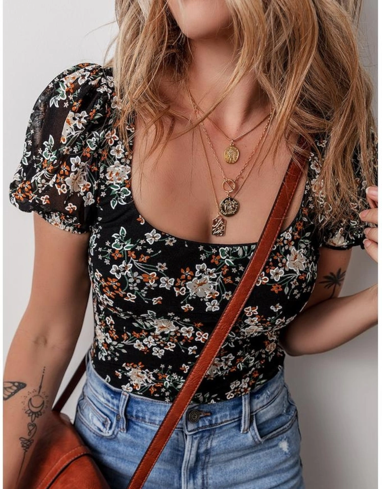 Black Floral Print U Neck Short Puff Sleeve Bodysuit