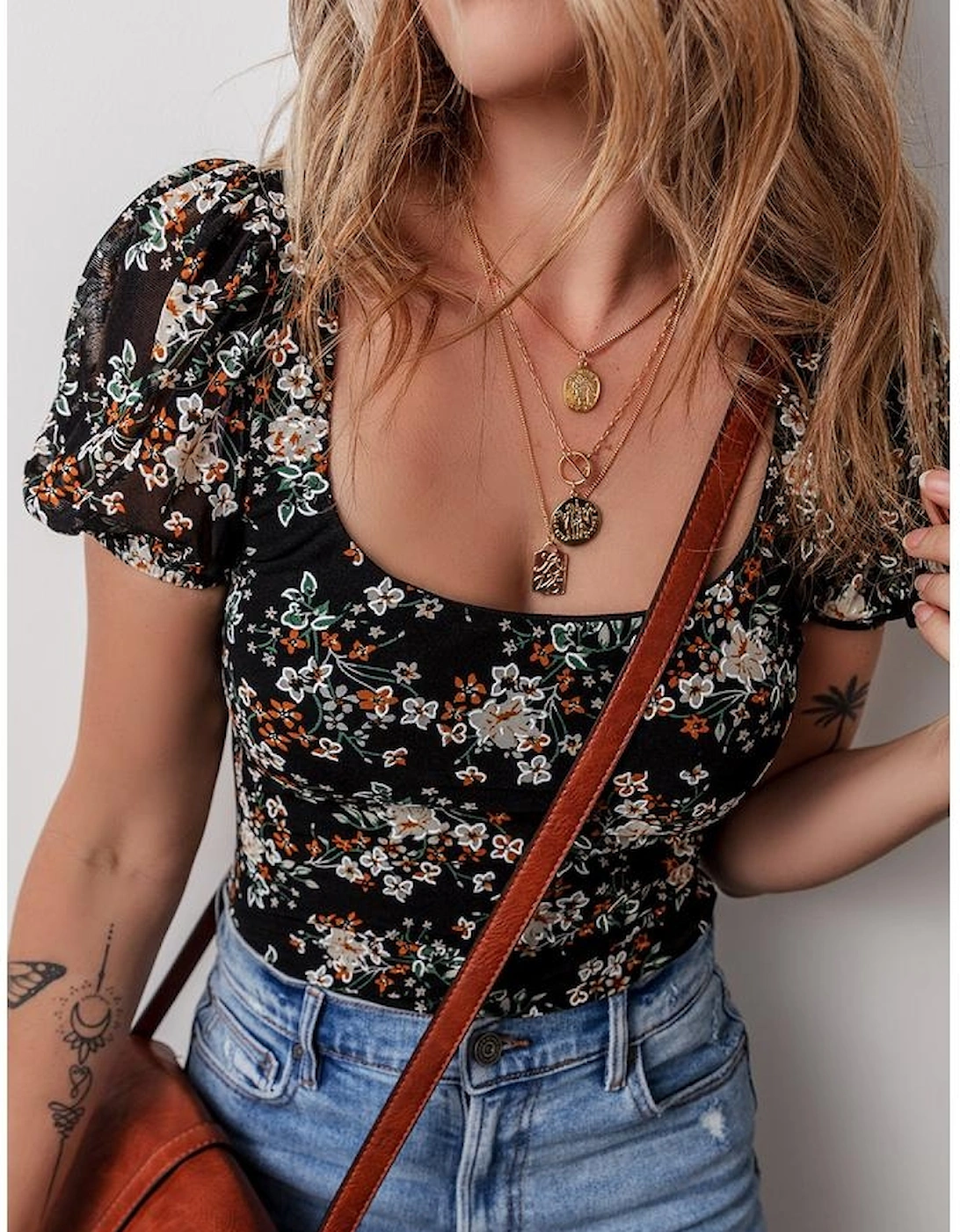 Black Floral Print U Neck Short Puff Sleeve Bodysuit