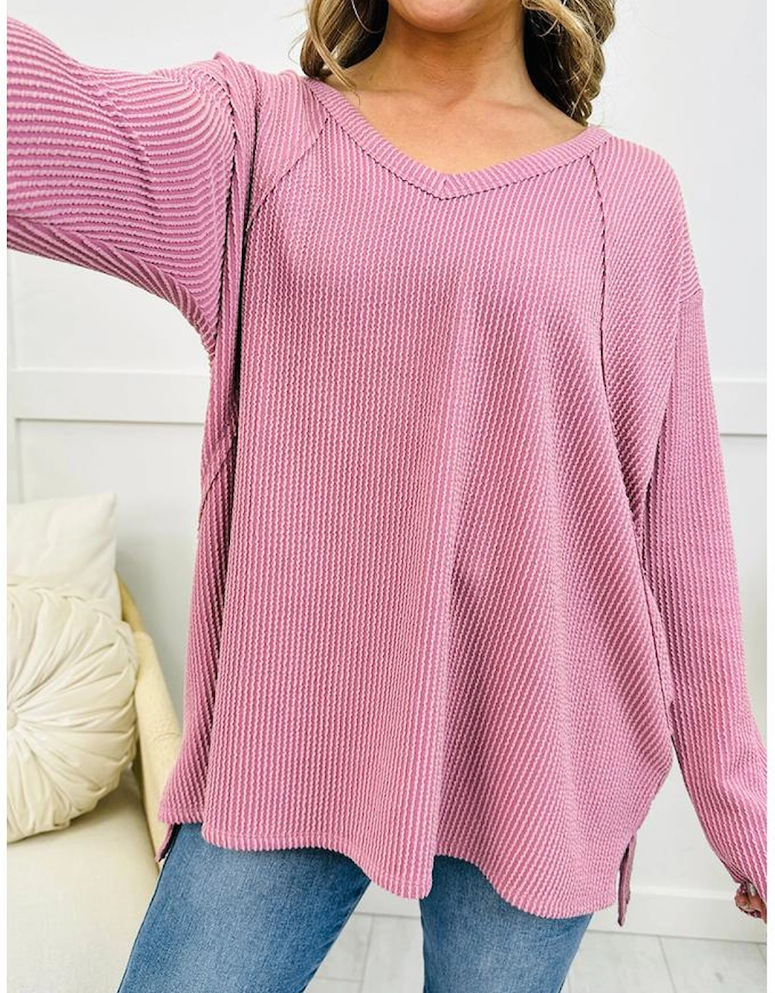 Pink Twisted Rib Texture Exposed Seam Patchwork Loose Long Sleeve Top