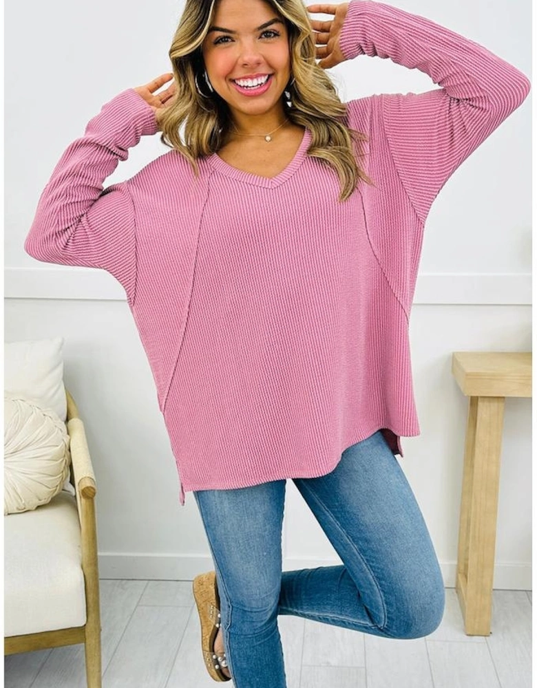Pink Twisted Rib Texture Exposed Seam Patchwork Loose Long Sleeve Top