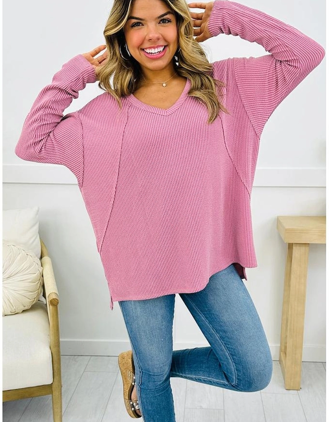 Pink Twisted Rib Texture Exposed Seam Patchwork Loose Long Sleeve Top, 15 of 14