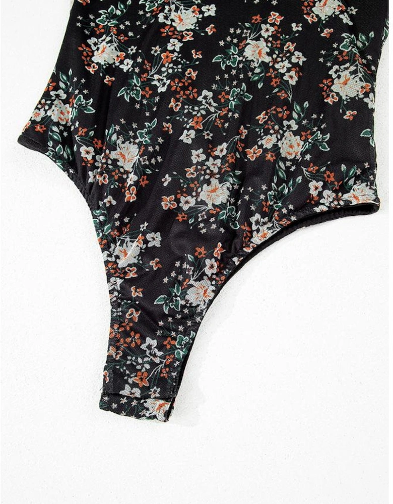 Black Floral Print U Neck Short Puff Sleeve Bodysuit