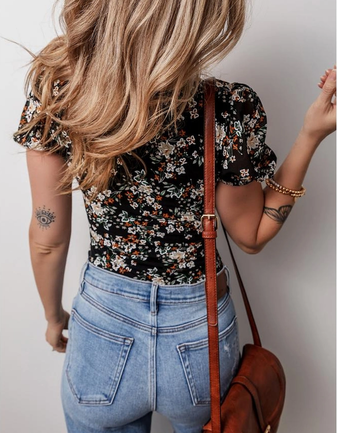 Black Floral Print U Neck Short Puff Sleeve Bodysuit