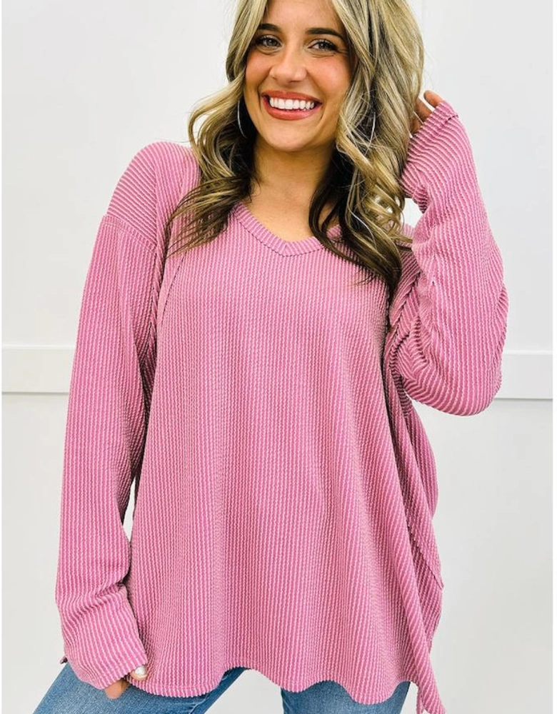 Pink Twisted Rib Texture Exposed Seam Patchwork Loose Long Sleeve Top