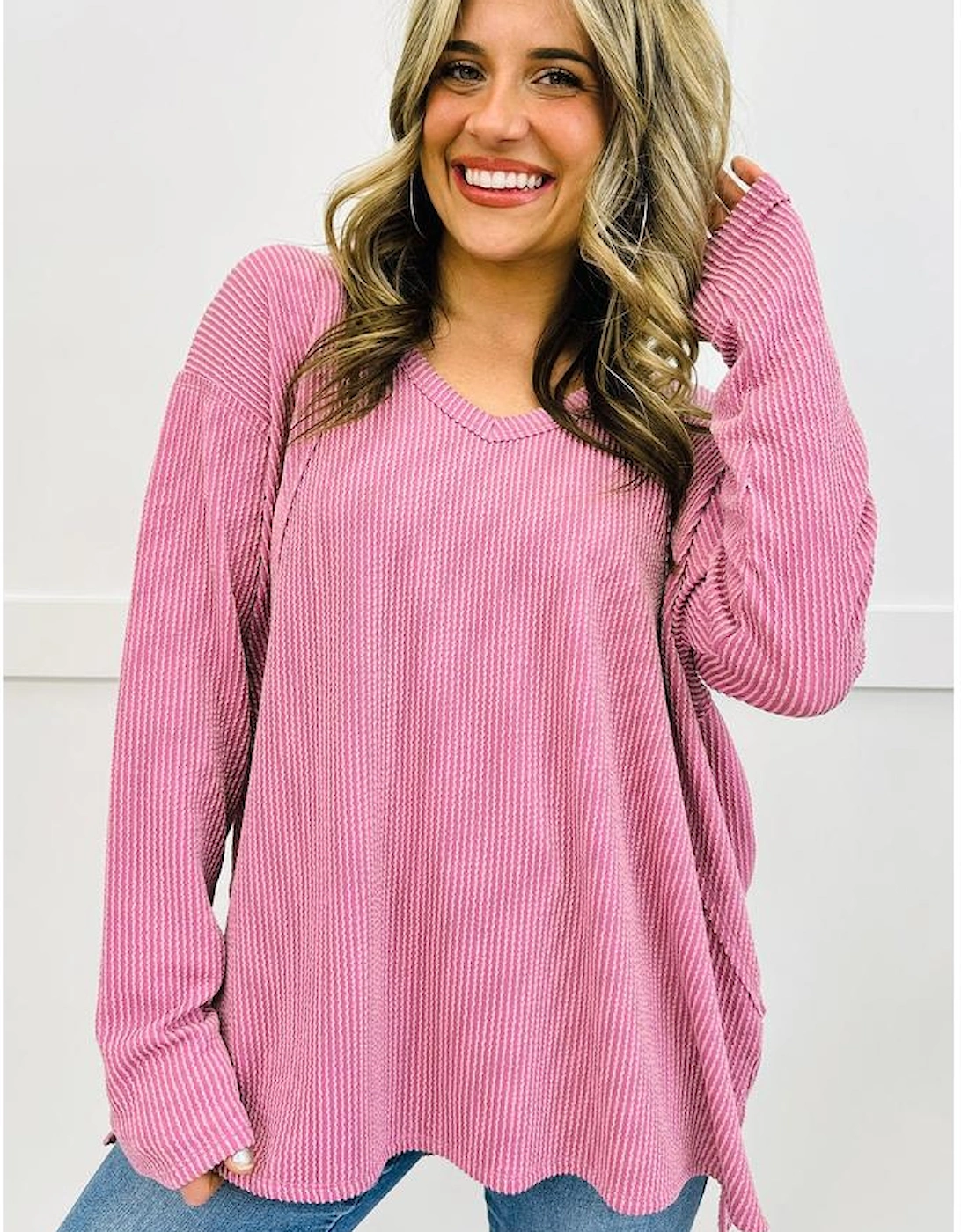 Pink Twisted Rib Texture Exposed Seam Patchwork Loose Long Sleeve Top