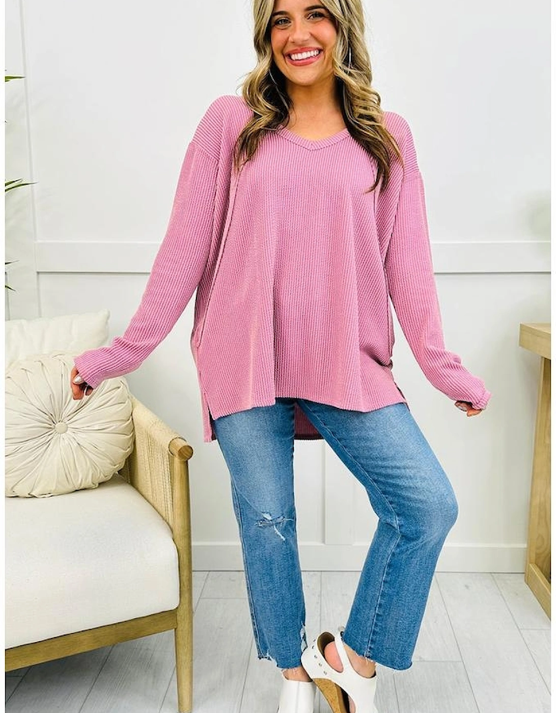 Pink Twisted Rib Texture Exposed Seam Patchwork Loose Long Sleeve Top