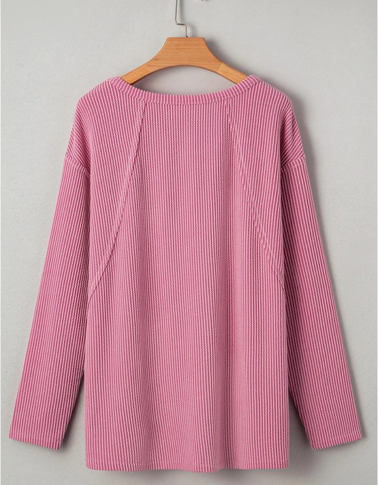 Pink Twisted Rib Texture Exposed Seam Patchwork Loose Long Sleeve Top