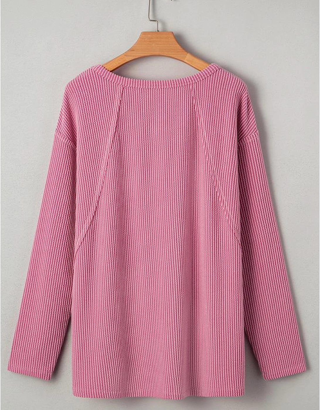 Pink Twisted Rib Texture Exposed Seam Patchwork Loose Long Sleeve Top