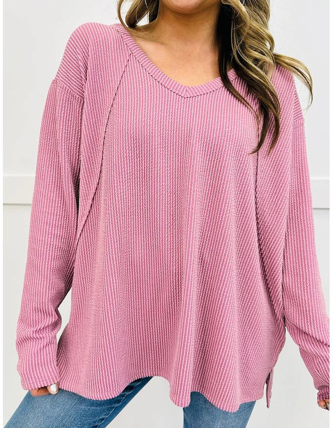 Pink Twisted Rib Texture Exposed Seam Patchwork Loose Long Sleeve Top