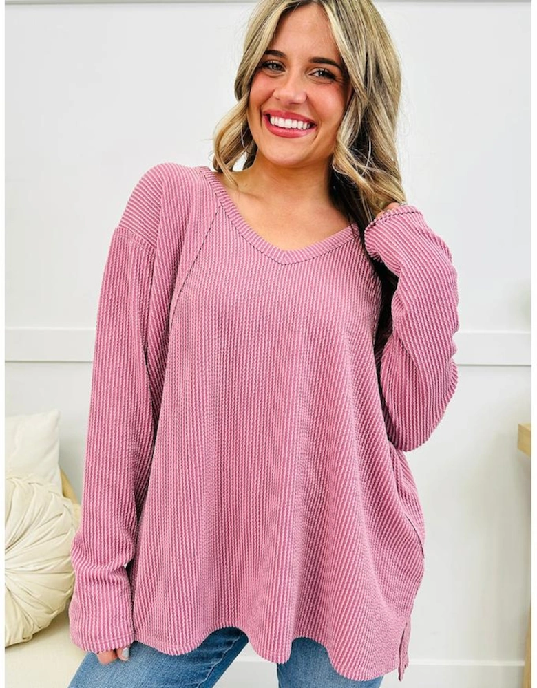 Pink Twisted Rib Texture Exposed Seam Patchwork Loose Long Sleeve Top