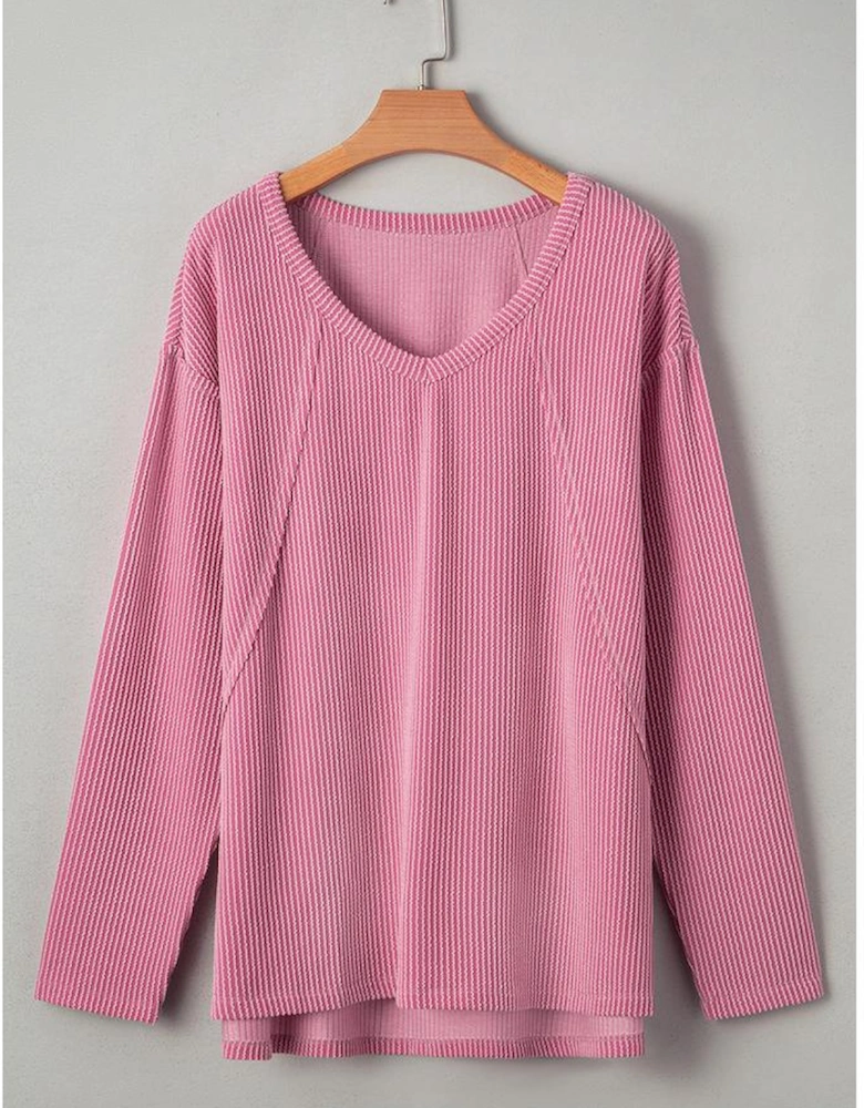 Pink Twisted Rib Texture Exposed Seam Patchwork Loose Long Sleeve Top