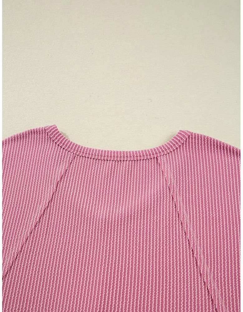 Pink Twisted Rib Texture Exposed Seam Patchwork Loose Long Sleeve Top