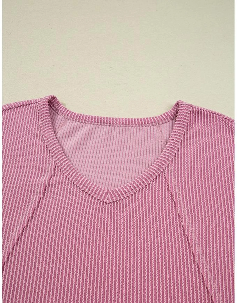 Pink Twisted Rib Texture Exposed Seam Patchwork Loose Long Sleeve Top
