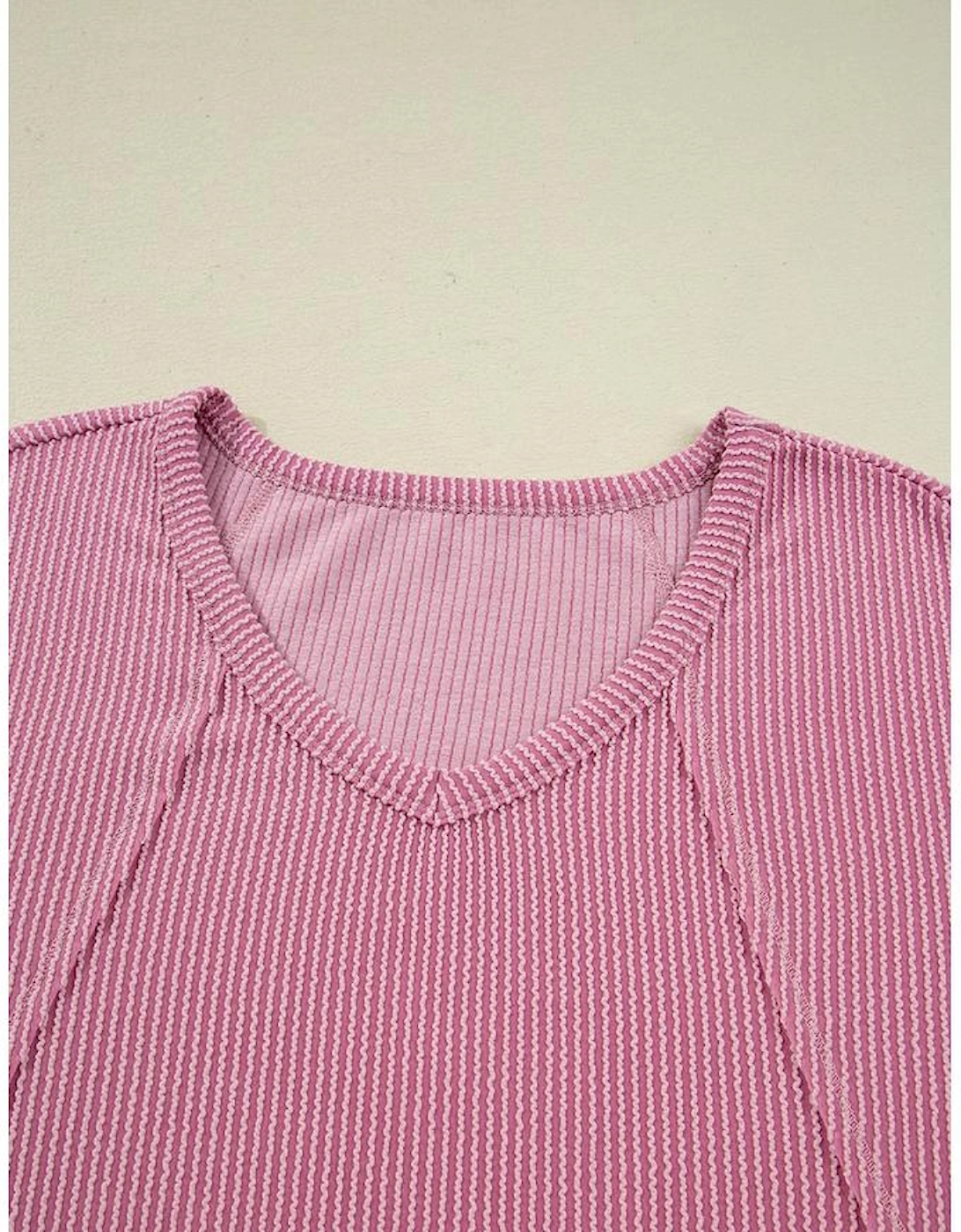 Pink Twisted Rib Texture Exposed Seam Patchwork Loose Long Sleeve Top