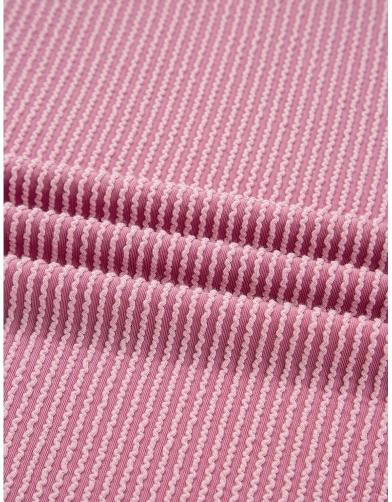 Pink Twisted Rib Texture Exposed Seam Patchwork Loose Long Sleeve Top