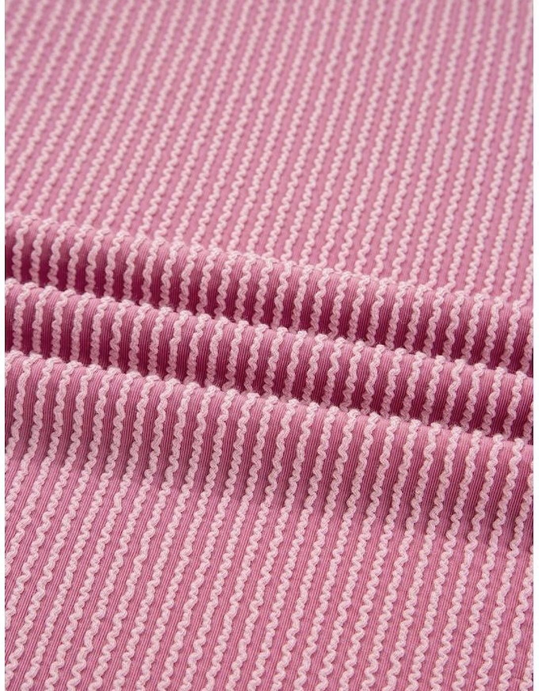 Pink Twisted Rib Texture Exposed Seam Patchwork Loose Long Sleeve Top