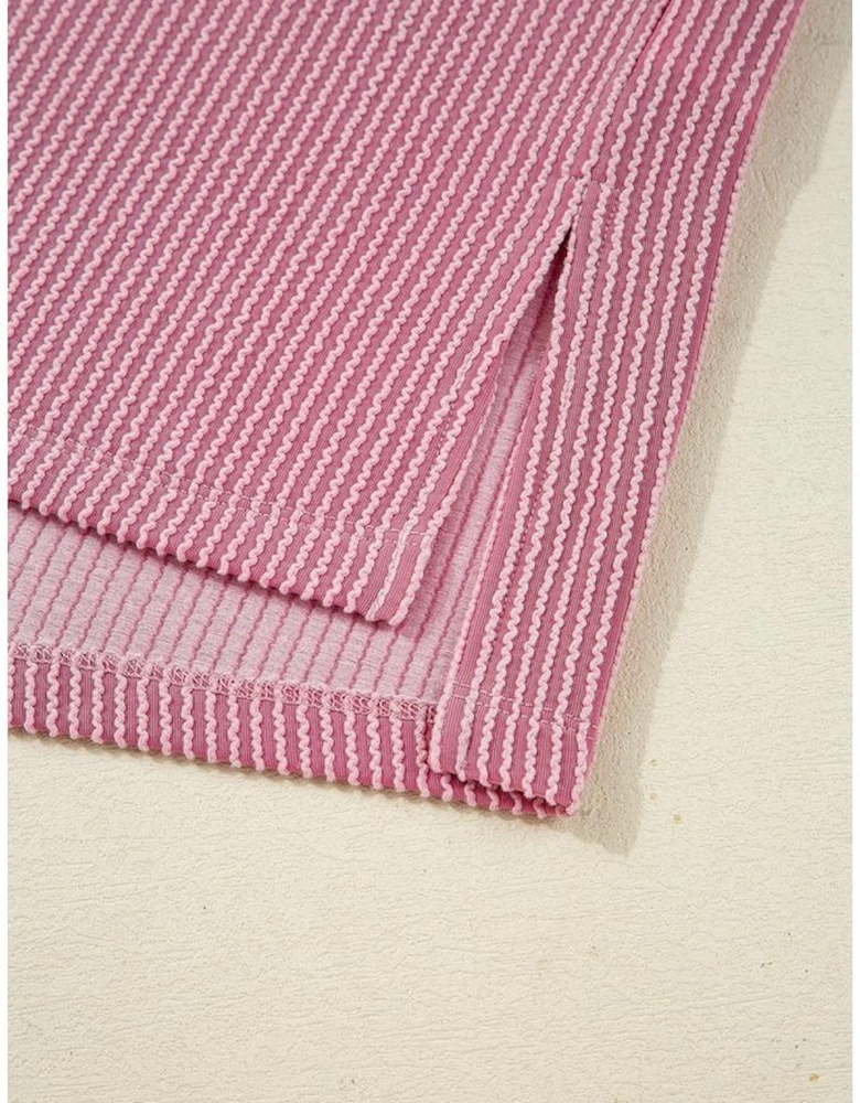 Pink Twisted Rib Texture Exposed Seam Patchwork Loose Long Sleeve Top