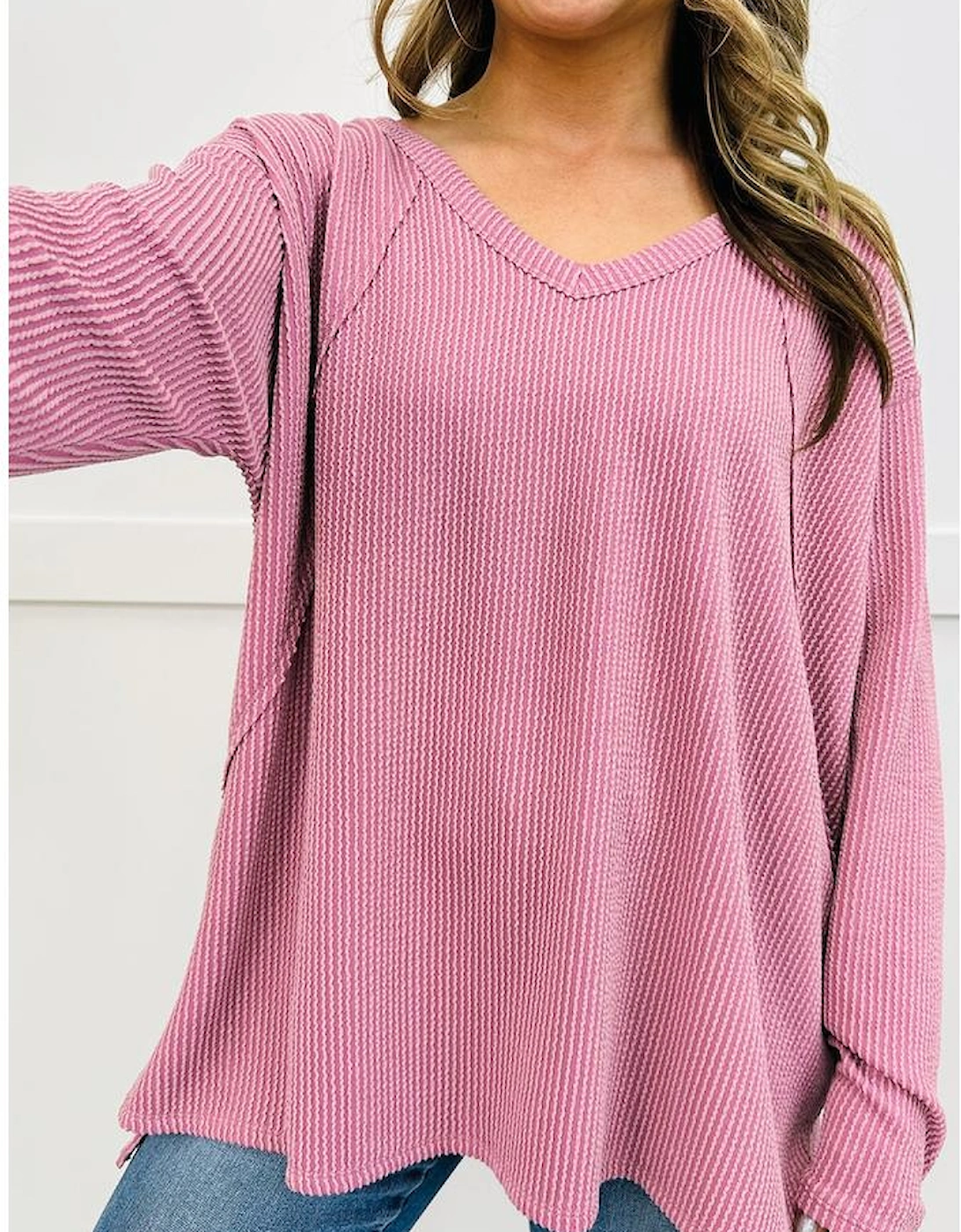 Pink Twisted Rib Texture Exposed Seam Patchwork Loose Long Sleeve Top