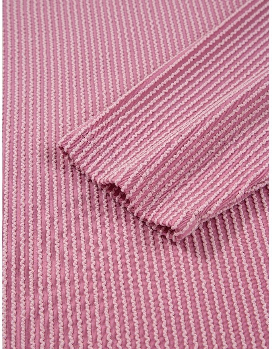 Pink Twisted Rib Texture Exposed Seam Patchwork Loose Long Sleeve Top