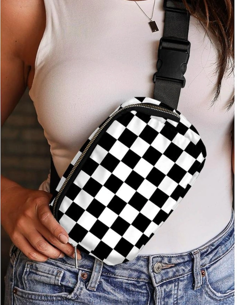 White Checkered Print Buckle Wide Belt Crossbody Bag