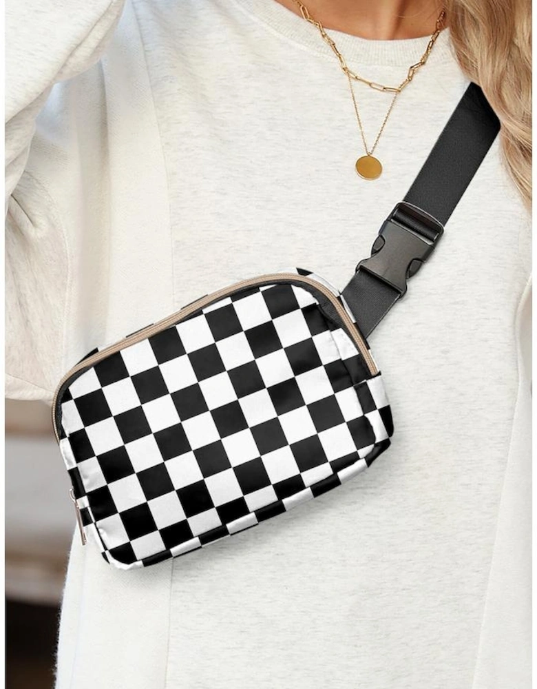 White Checkered Print Buckle Wide Belt Crossbody Bag