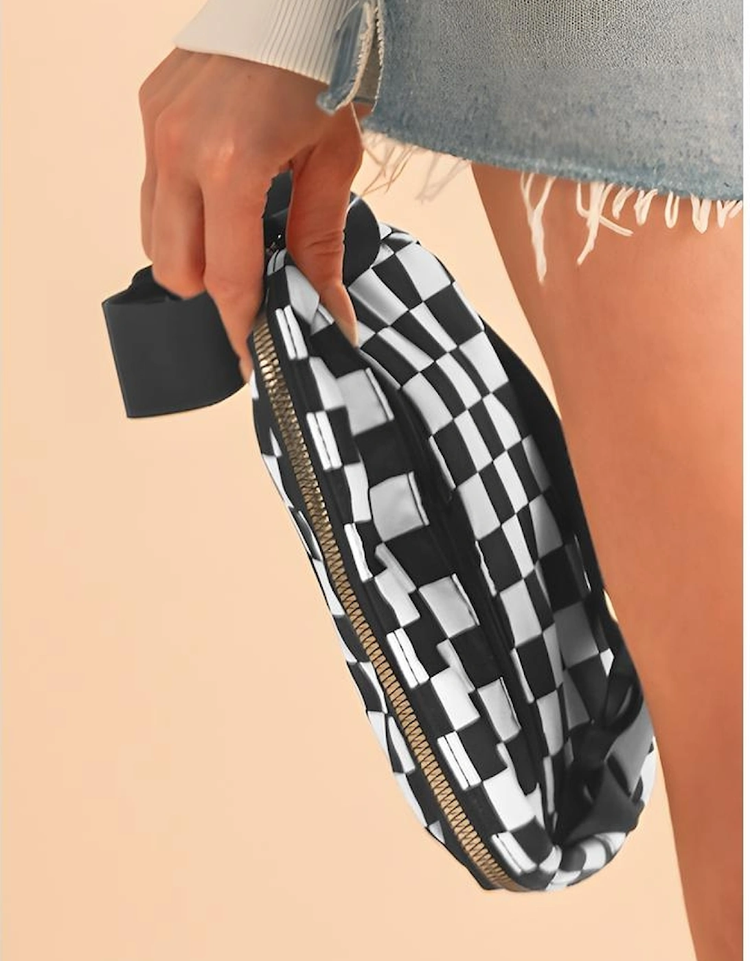 White Checkered Print Buckle Wide Belt Crossbody Bag