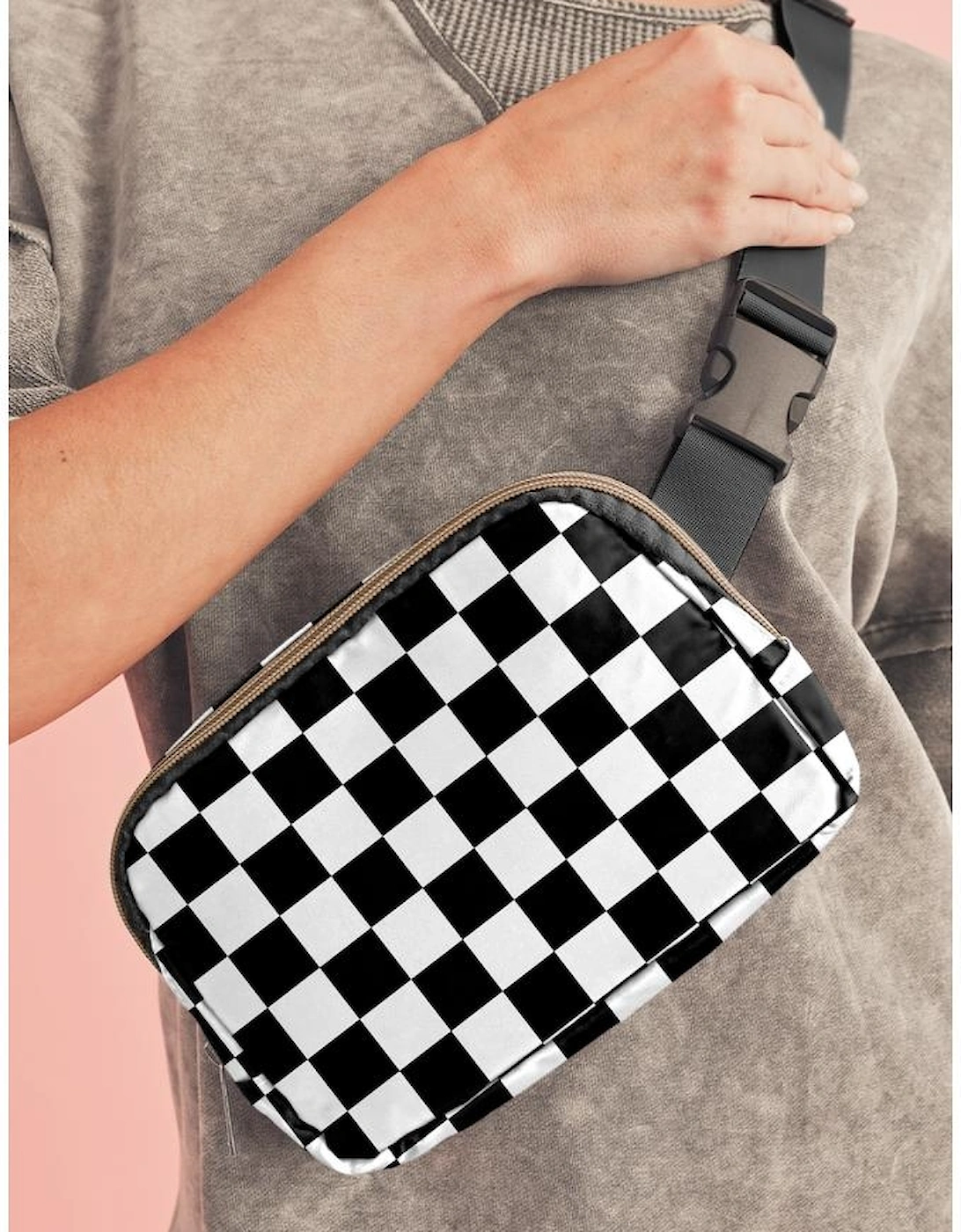 White Checkered Print Buckle Wide Belt Crossbody Bag