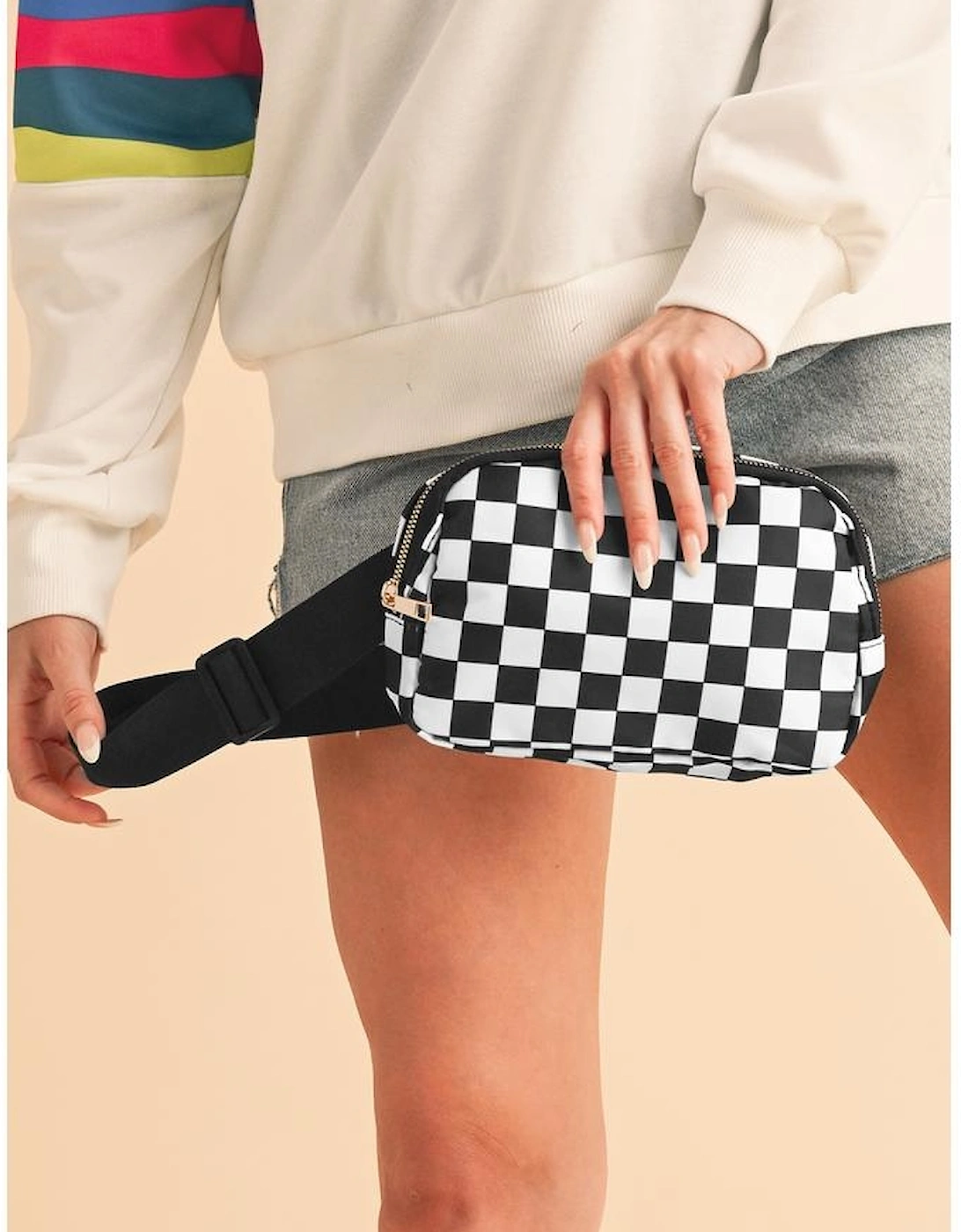 White Checkered Print Buckle Wide Belt Crossbody Bag