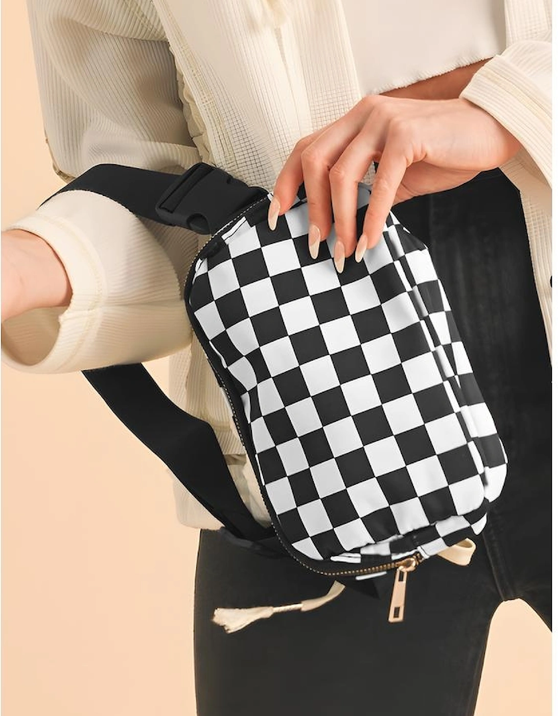 White Checkered Print Buckle Wide Belt Crossbody Bag