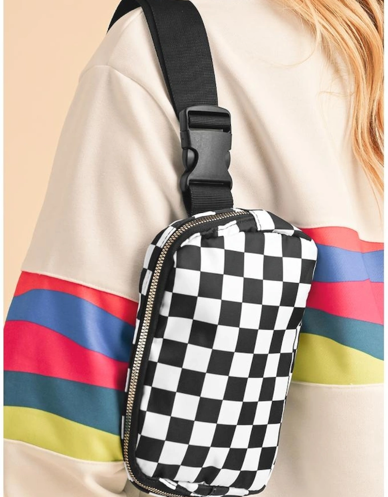 White Checkered Print Buckle Wide Belt Crossbody Bag