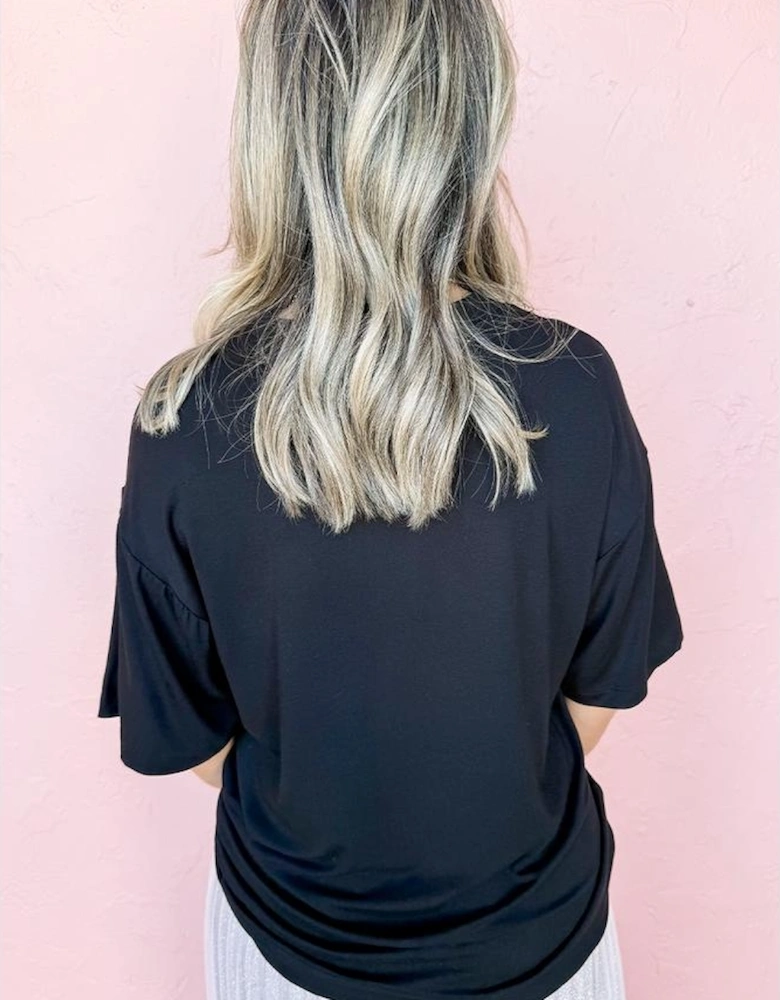 Black Cheerful Sequin Bow Patched Game Day T Shirt