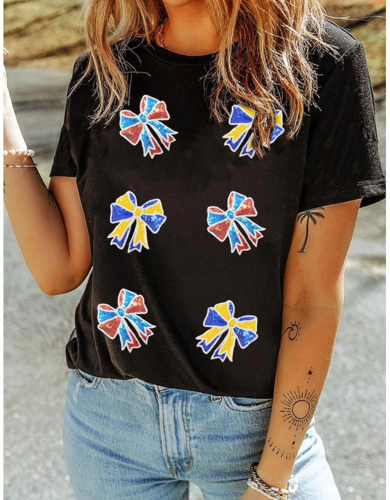 Black Cheerful Sequin Bow Patched Game Day T Shirt