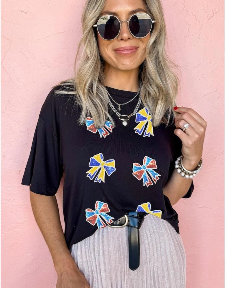 Black Cheerful Sequin Bow Patched Game Day T Shirt