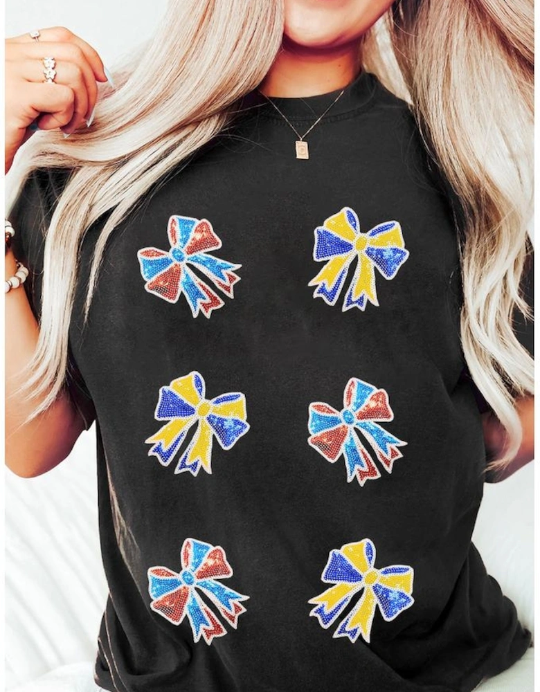 Black Cheerful Sequin Bow Patched Game Day T Shirt