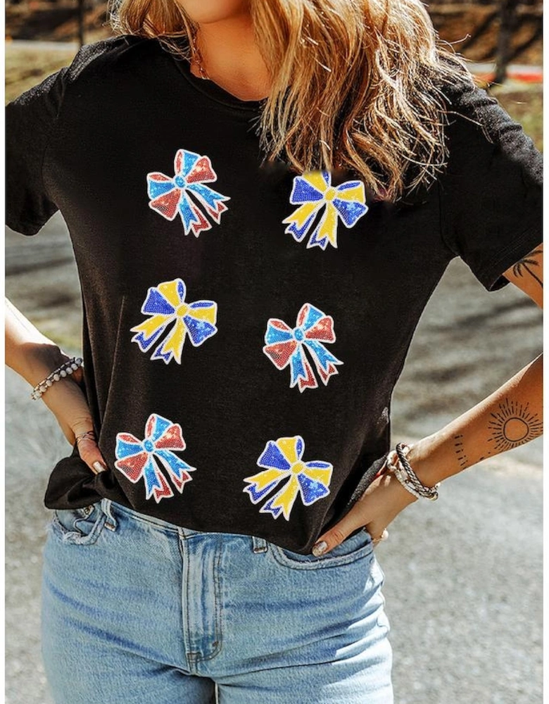 Black Cheerful Sequin Bow Patched Game Day T Shirt