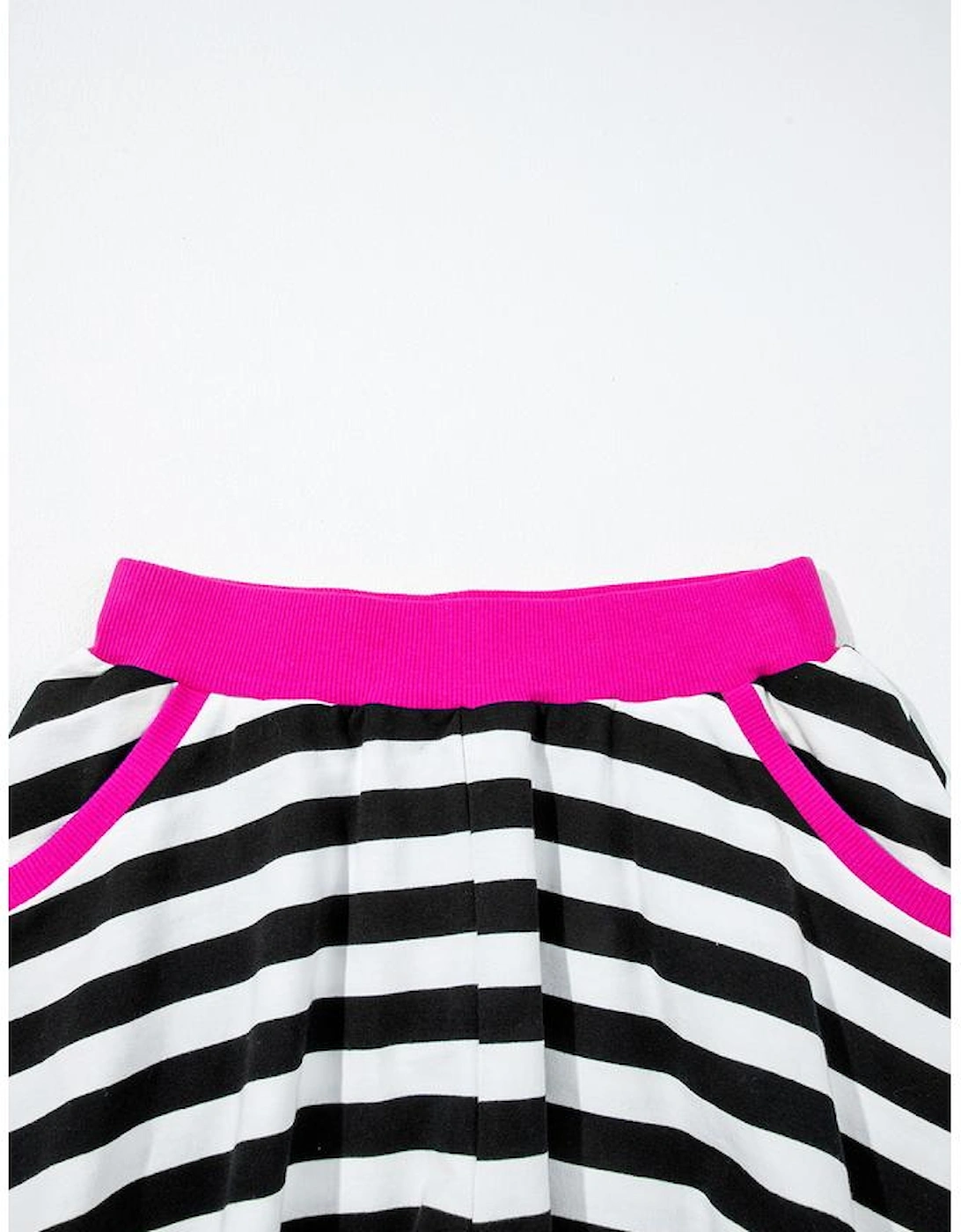 Black Stripe Contrast Ribbed Banding Long Sleeve Blouse Loose Shorts Set