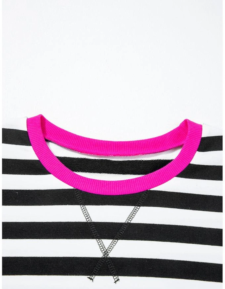 Black Stripe Contrast Ribbed Banding Long Sleeve Blouse Loose Shorts Set