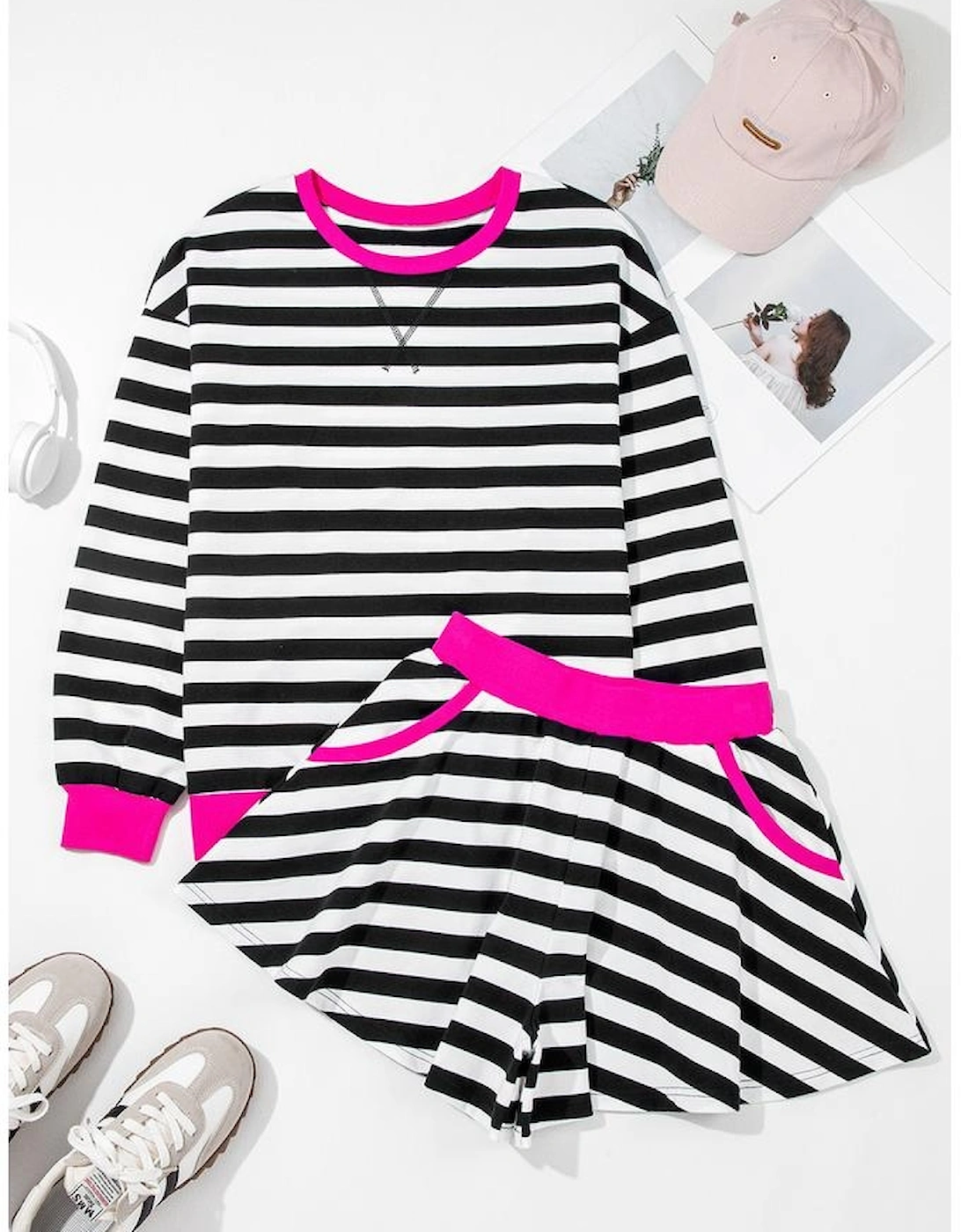 Black Stripe Contrast Ribbed Banding Long Sleeve Blouse Loose Shorts Set
