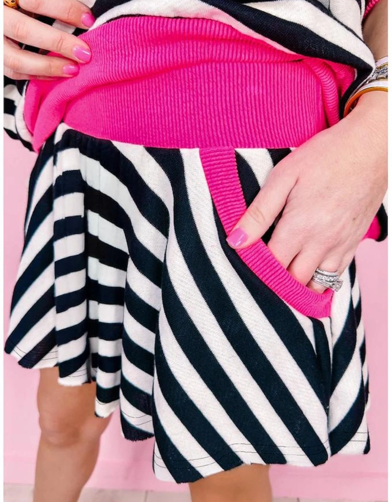 Black Stripe Contrast Ribbed Banding Long Sleeve Blouse Loose Shorts Set